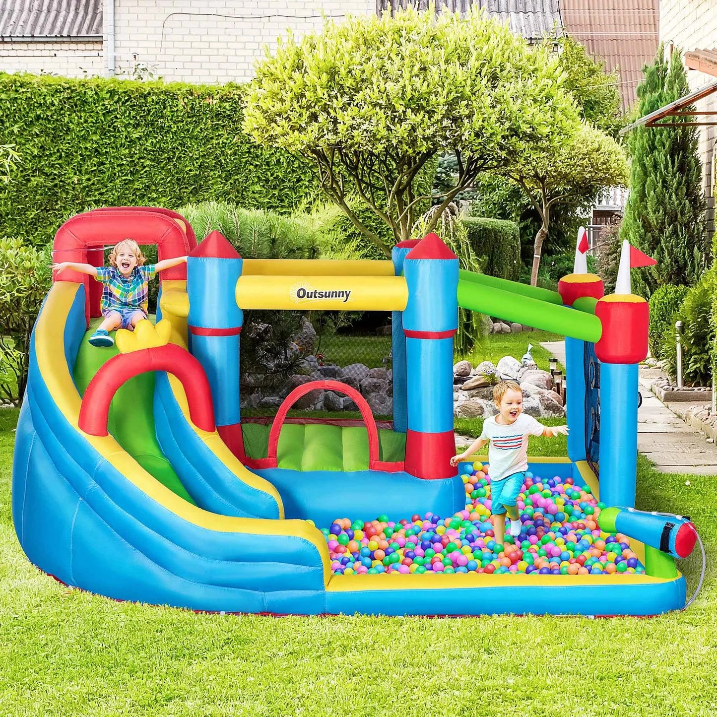 6-in-1 Inflatable Bounce House with Water Slide – Outdoor Play Center for Kids