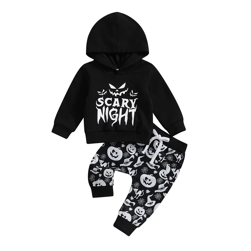 Baby Boys Halloween Outfit – Hooded Letter Print Hoodie and Pumpkin Sweatpants 2-Piece Set (0–3Y)