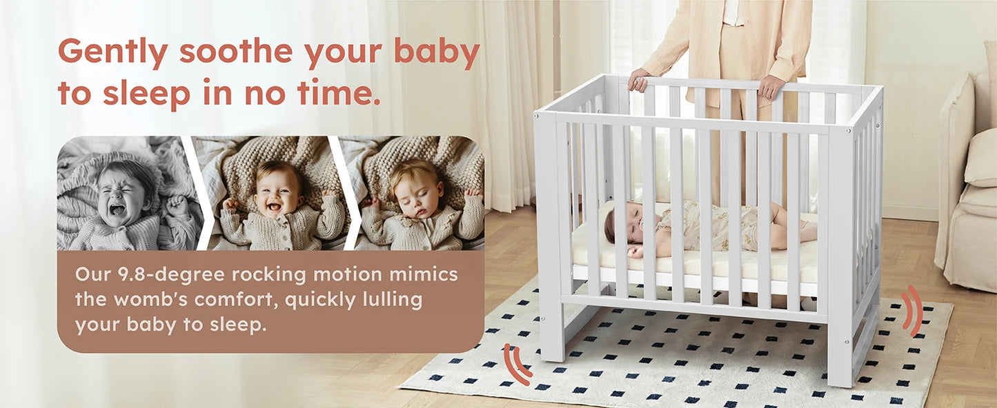 EvoNest 6-in-1 Portable Mini Crib with Mattress – White New Zealand Pinewood, 4 Height Adjustable