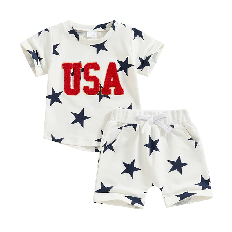 Baby Boy 4th of July Outfit Set – 3M-3Y Patriotic T-Shirt & Star Print Shorts - Haven's Heaven Boutique