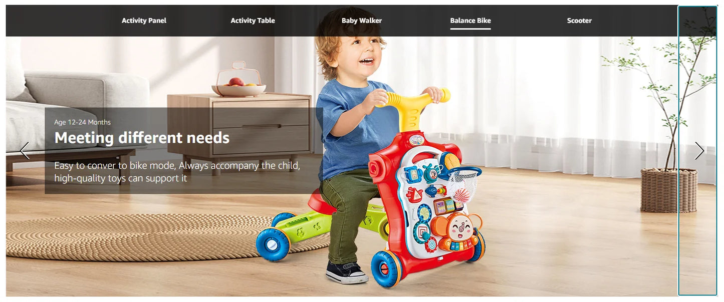 5-in-1 Baby Walker – Sit-to-Stand Learning Walker, Scooter, Balance Bike & Activity Table with Music