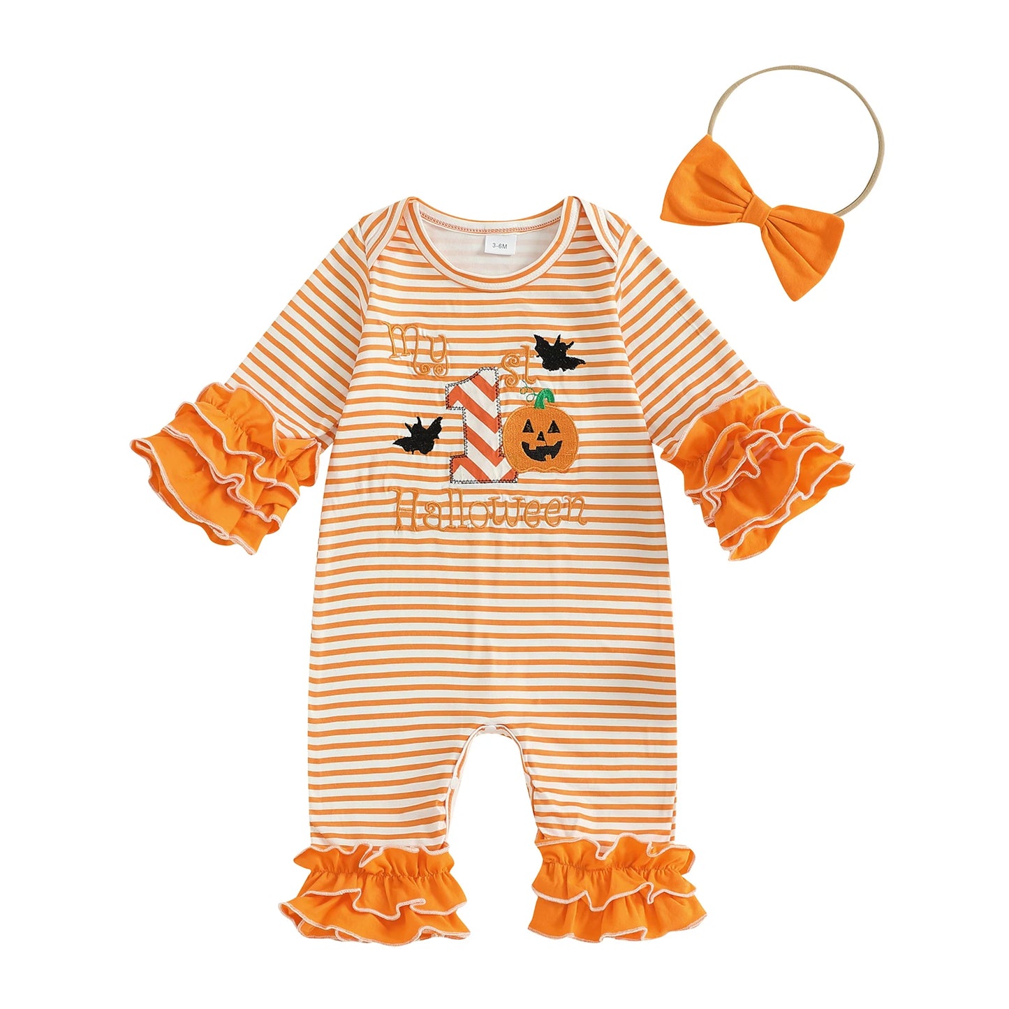 Toddler Baby Girl Halloween Outfit – Pumpkin Ghost Embroidery Romper with Headband