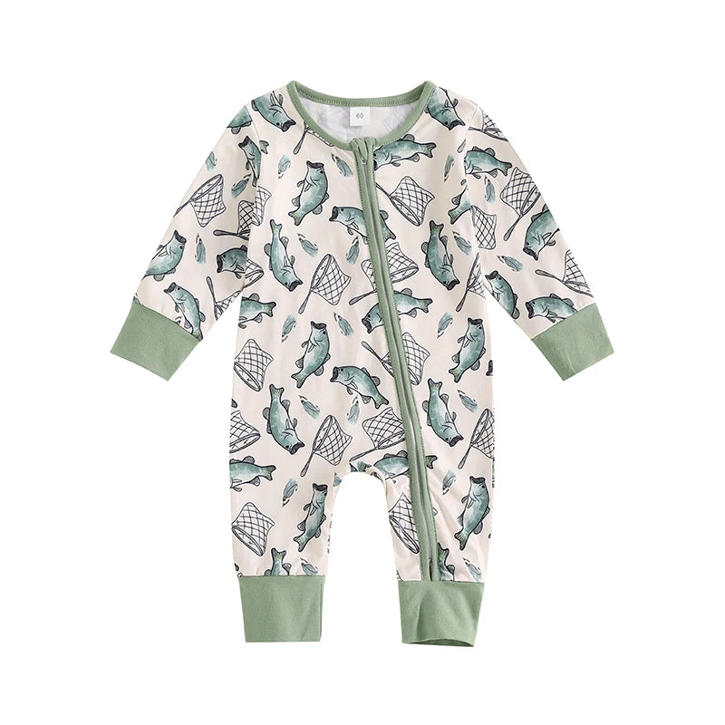 Fish Print Long Sleeve Zipper Romper