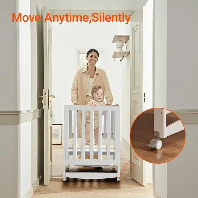 EvoNest 6-in-1 Portable Mini Crib with Mattress – White New Zealand Pinewood, 4 Height Adjustable