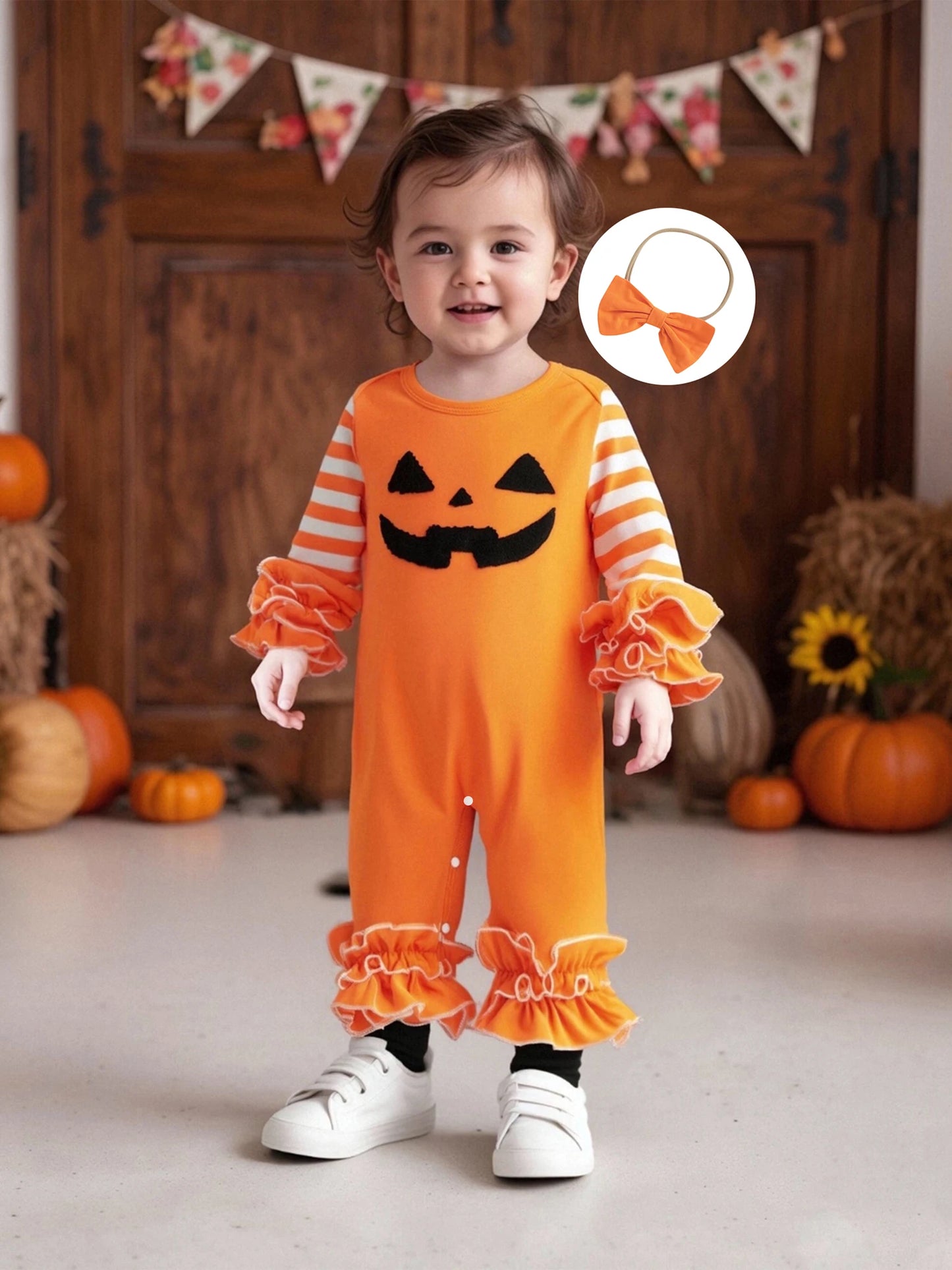 Toddler Baby Girl Halloween Outfit – Pumpkin Ghost Embroidery Romper with Headband