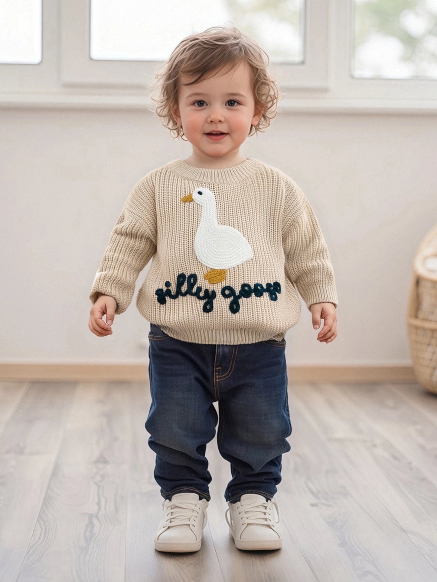 Toddler Boys ‘Silly Goose’ Embroidered Sweater – Crewneck Long Sleeve Pullover