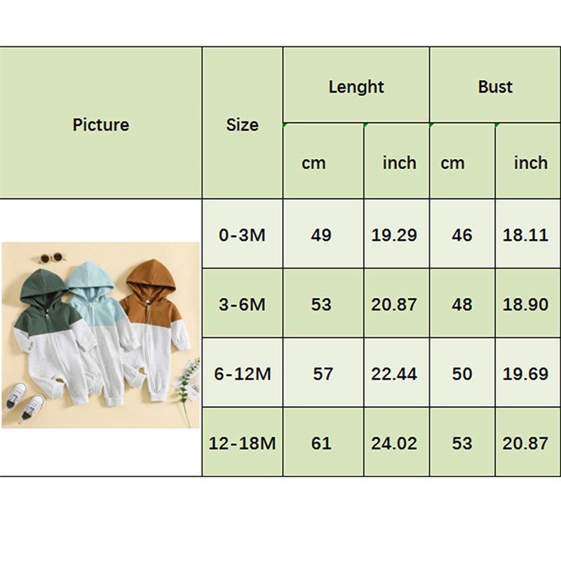 Infant Baby Boy Hooded Romper – Long Sleeve Contrast Zipper Jumpsuit 0-18M