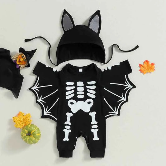 Baby Halloween Romper Outfit – Long Sleeve Pumpkin Print Jumpsuit with Hat
