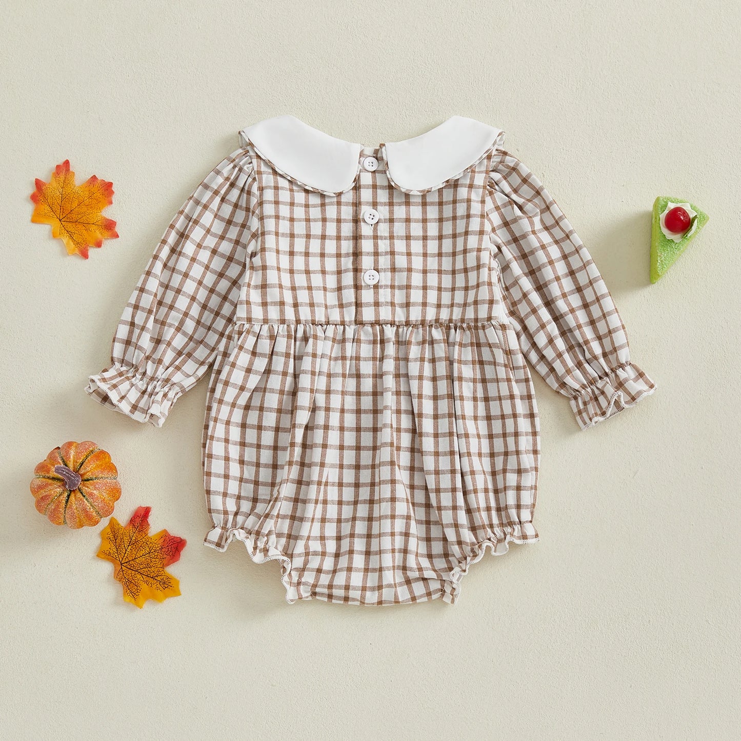 Baby Girl Thanksgiving Romper – Long Sleeve Plaid Jumpsuit with Doll Collar & Turkey Embroidery