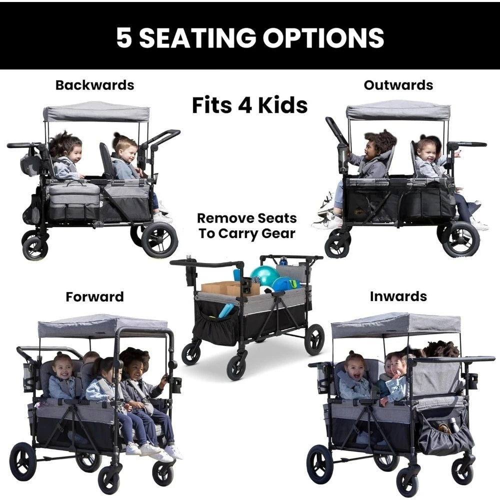 Deluxe 4-Seater Stroller Wagon for Kids – Grey, Foldable with Adjustable Push/Pull Handles & Removable Canopy