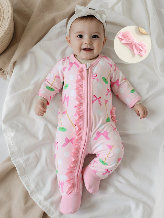 Baby Girl Fall Outfit – Golf Print Ruffled Footie Romper & Bow Headband Set (2PCS)