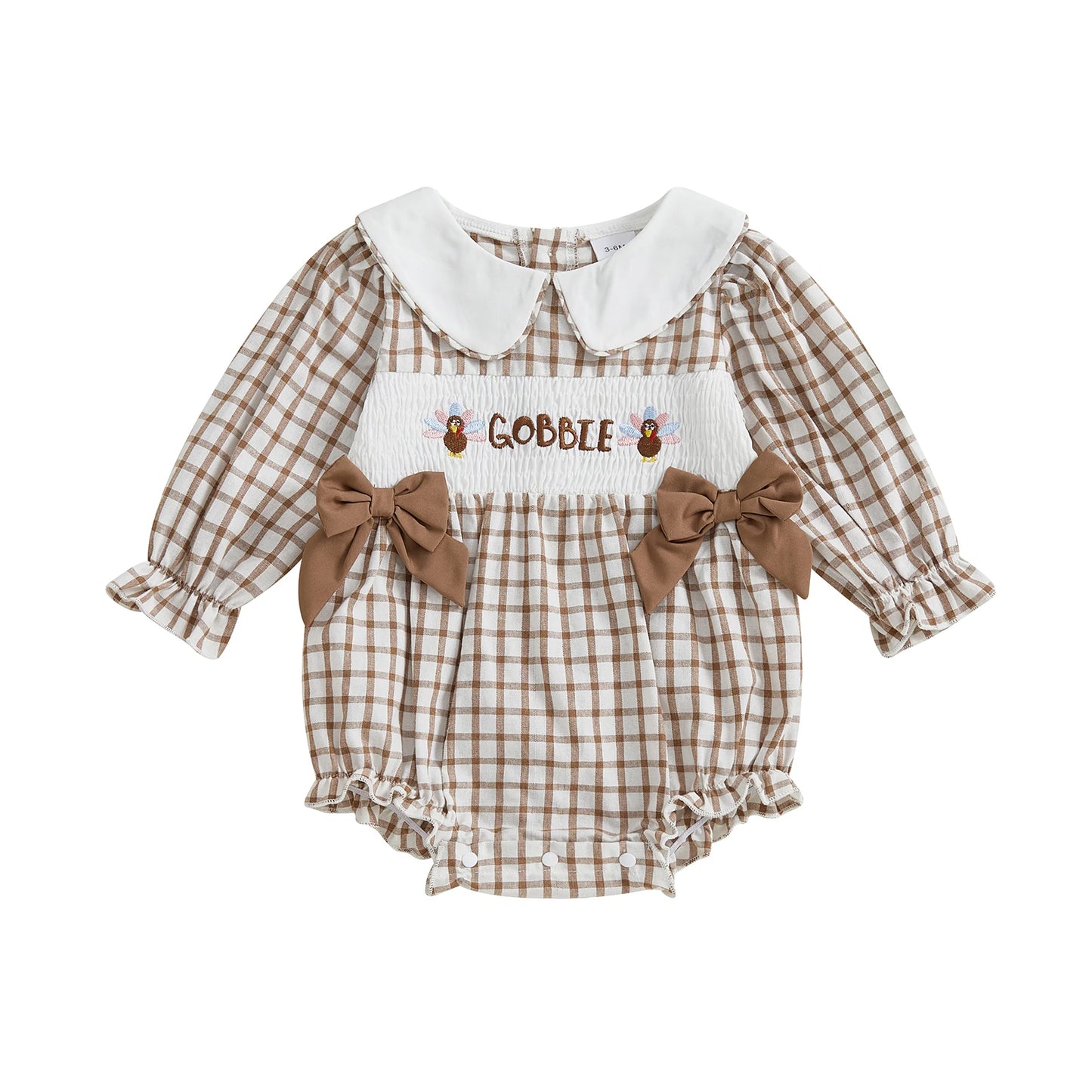 Baby Girl Thanksgiving Romper – Long Sleeve Plaid Jumpsuit with Doll Collar & Turkey Embroidery