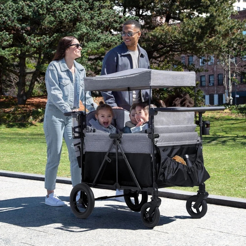 Deluxe 4-Seater Stroller Wagon for Kids – Grey, Foldable with Adjustable Push/Pull Handles & Removable Canopy