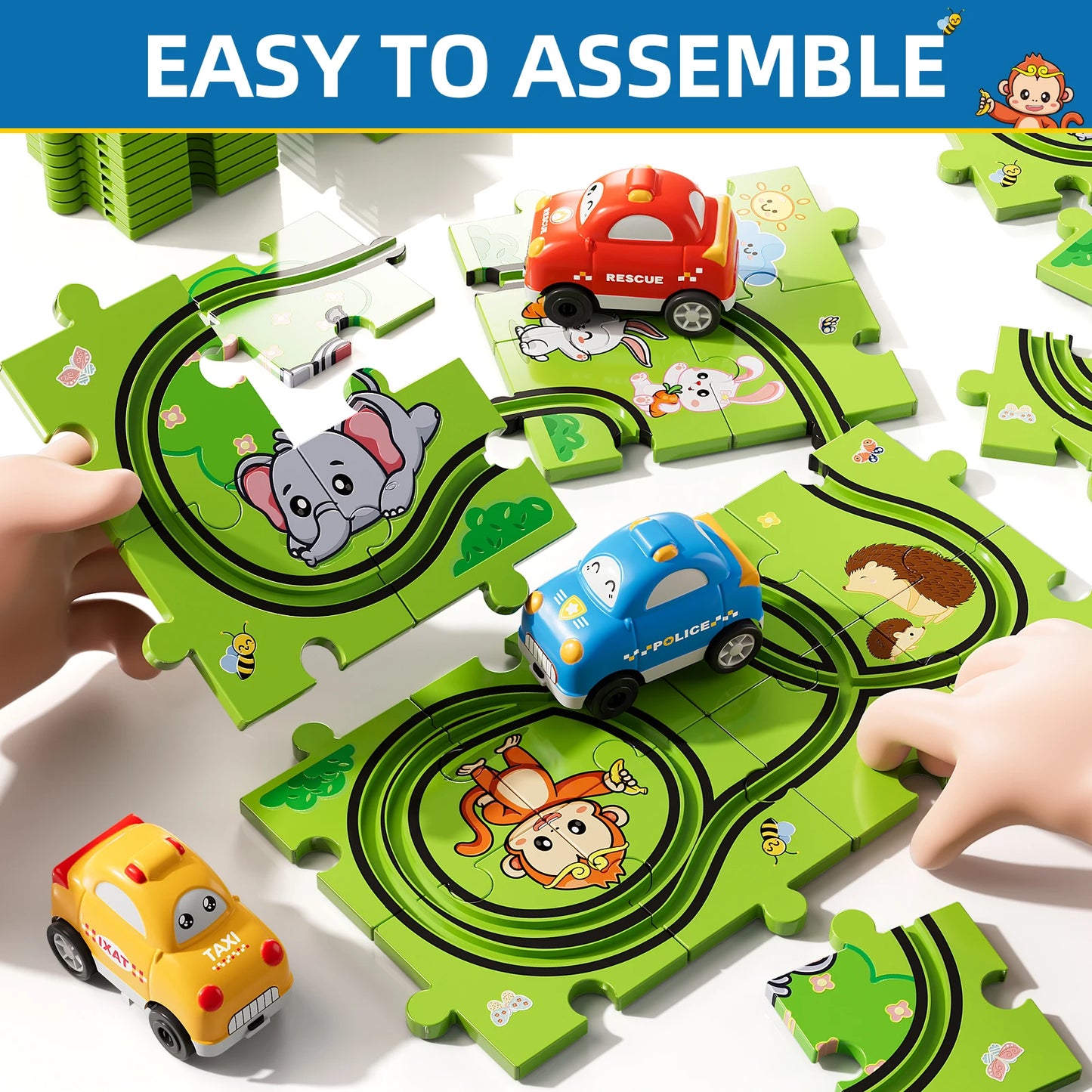 Jigsaw Puzzle Race Track Car Set – Puzzle & Car Toys for Kids Ages 3-5