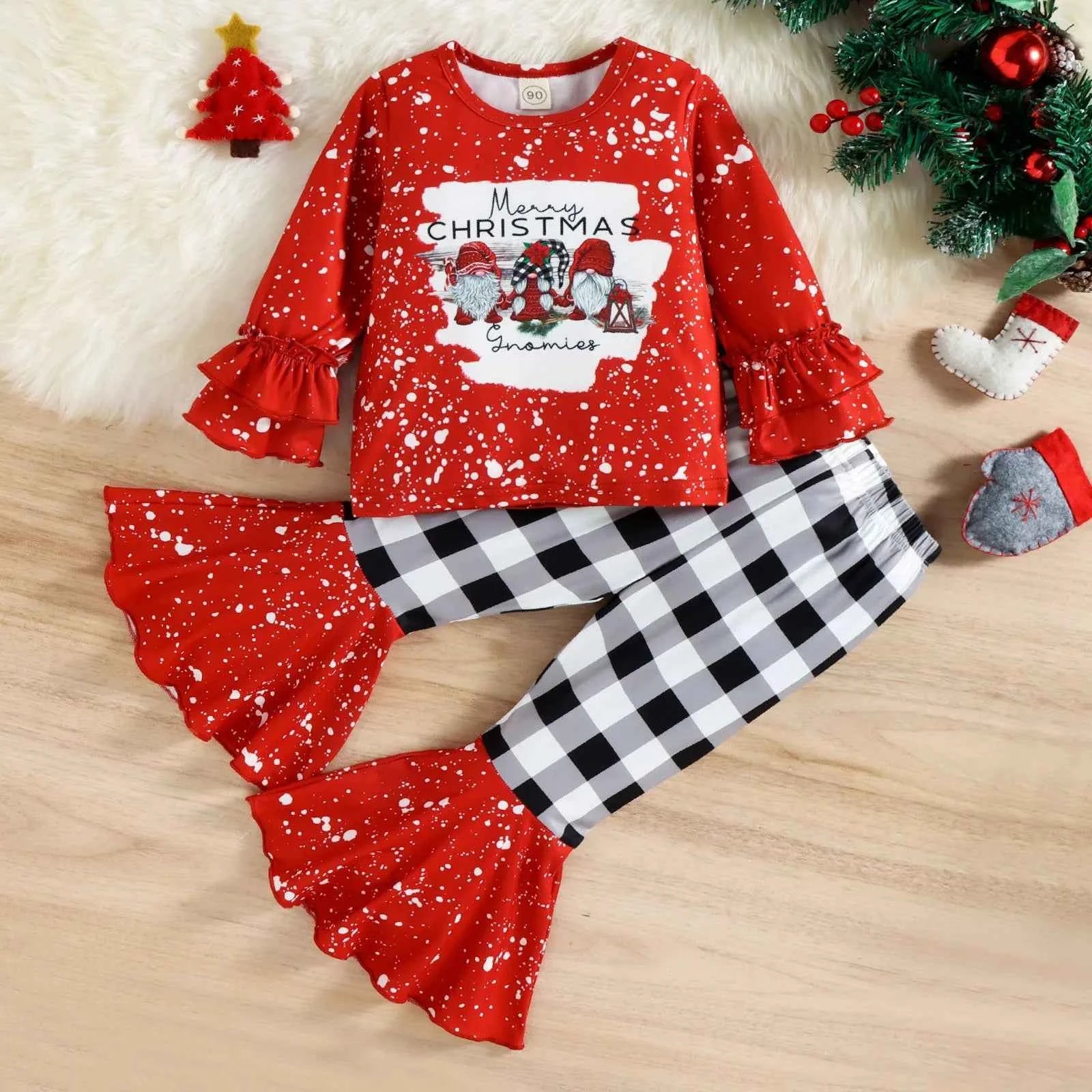 Toddler Girls Christmas Outfit – Letter Print Top & Plaid Bell Bottom Pants Set