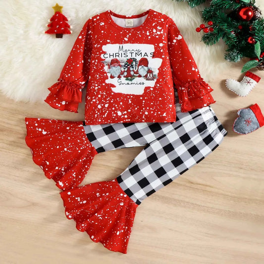 Toddler Girls Christmas Outfit – Letter Print Top & Plaid Bell Bottom Pants Set