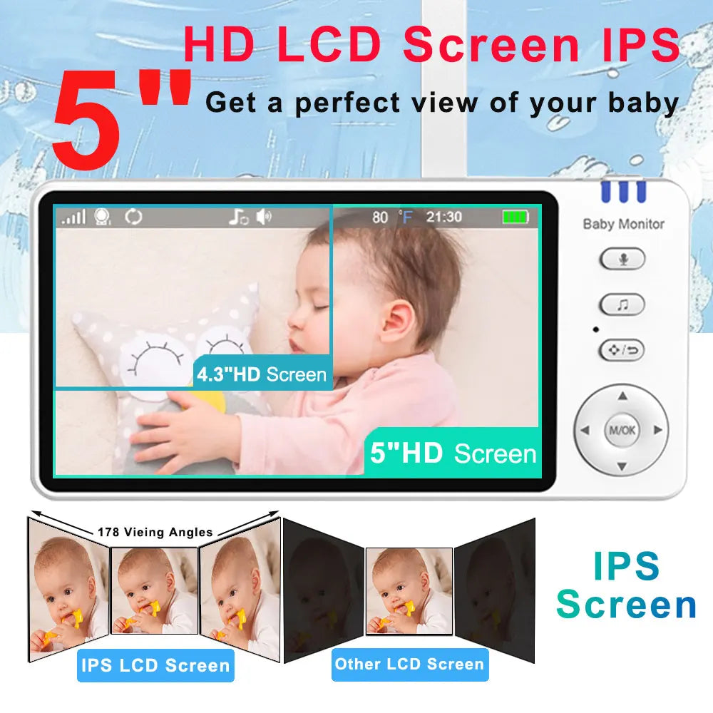 5.0 Inch Baby Monitor with Camera – Wireless Video Audio Monitor with Pan-Tilt-Zoom, IPS Screen, Lullabies & Long Battery Life