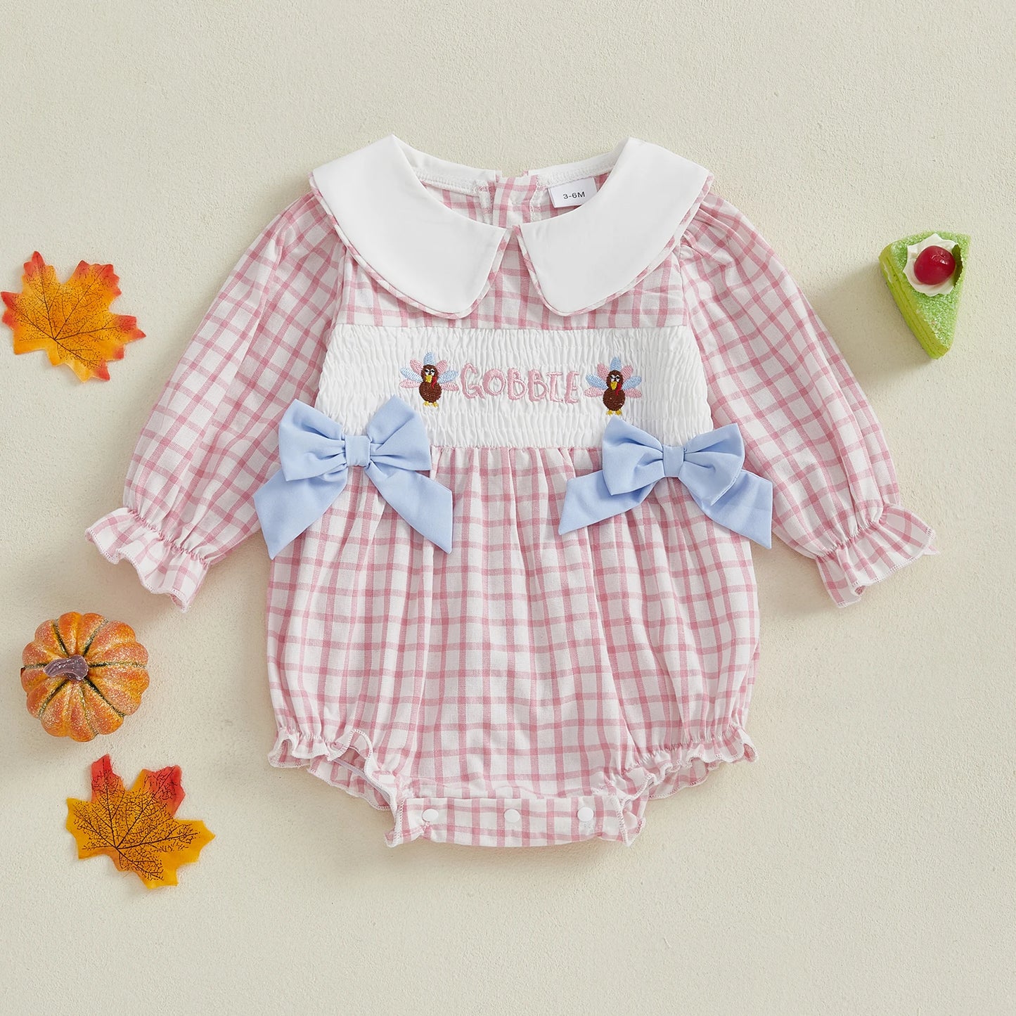 Thanksgiving Baby Girl Romper – Long Sleeve Doll Collar with Turkey Embroidery and Plaid Design