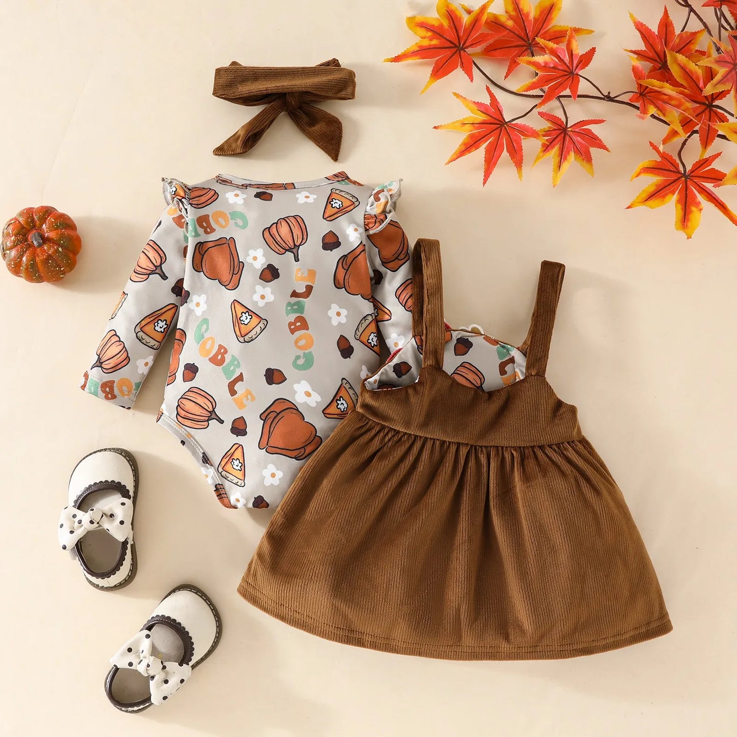 Baby Girl Thanksgiving Outfit – Long Sleeve Romper Dress with Headband