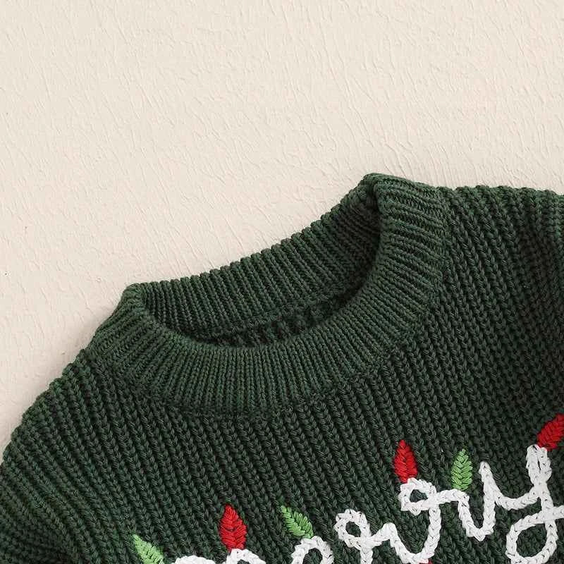 Cute Baby Christmas Knit Sweater -  Embroidered Letter Long Sleeve Pullover