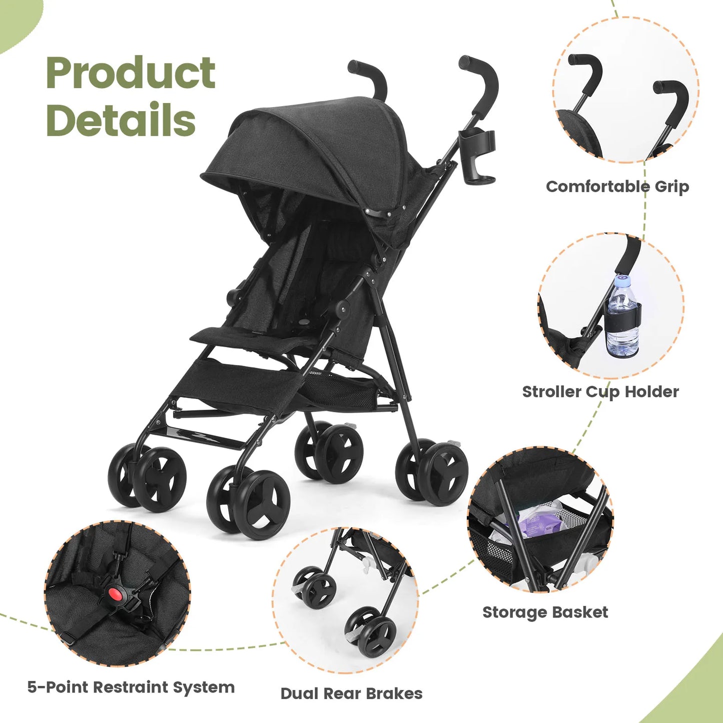 Lightweight Folding Baby Stroller – 4-Wheel High Landscape Seat, Sit or Lie Down