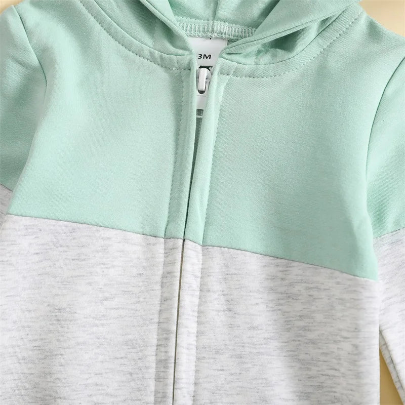 Infant Baby Boy Hooded Romper – Long Sleeve Contrast Zipper Jumpsuit 0-18M