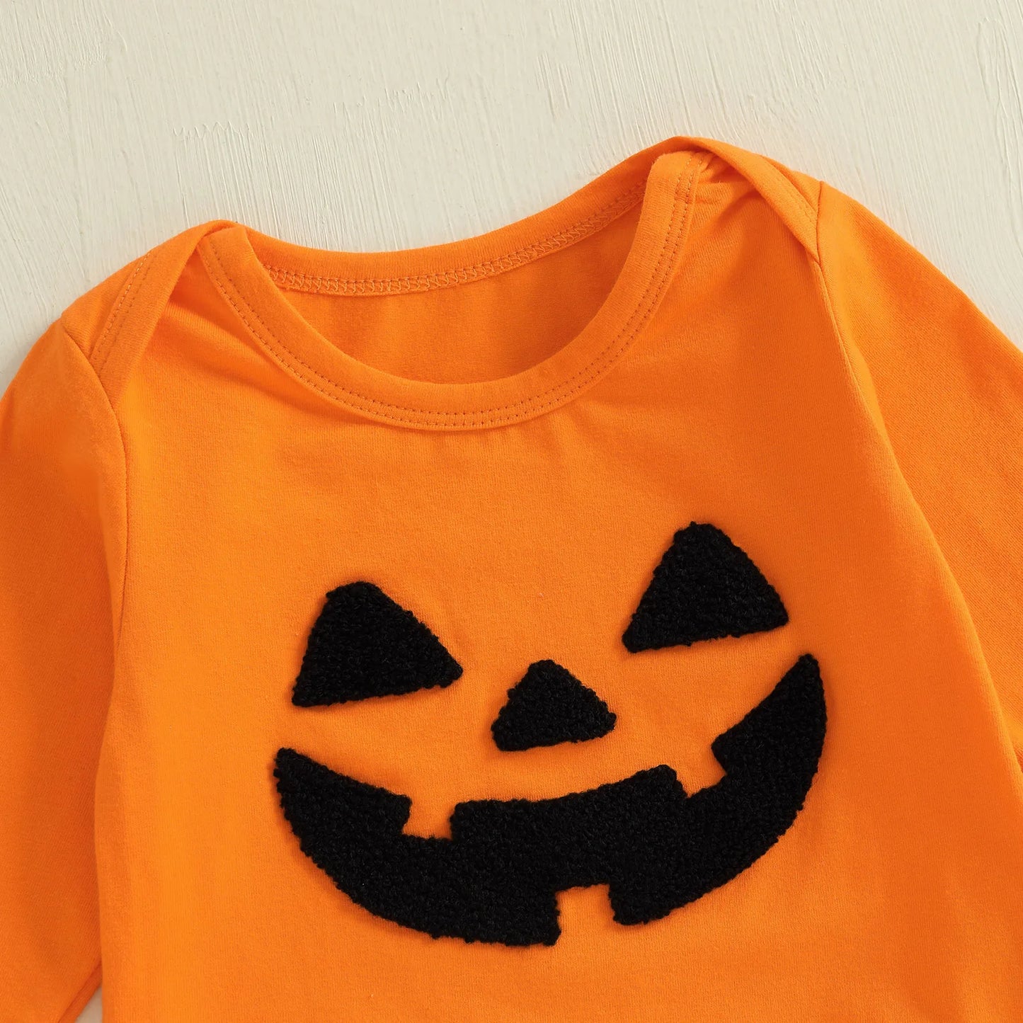 Baby Girl Halloween Outfit – Pumpkin Face Long Sleeve Romper + Striped Bell Bottom Pants 2-Piece Set