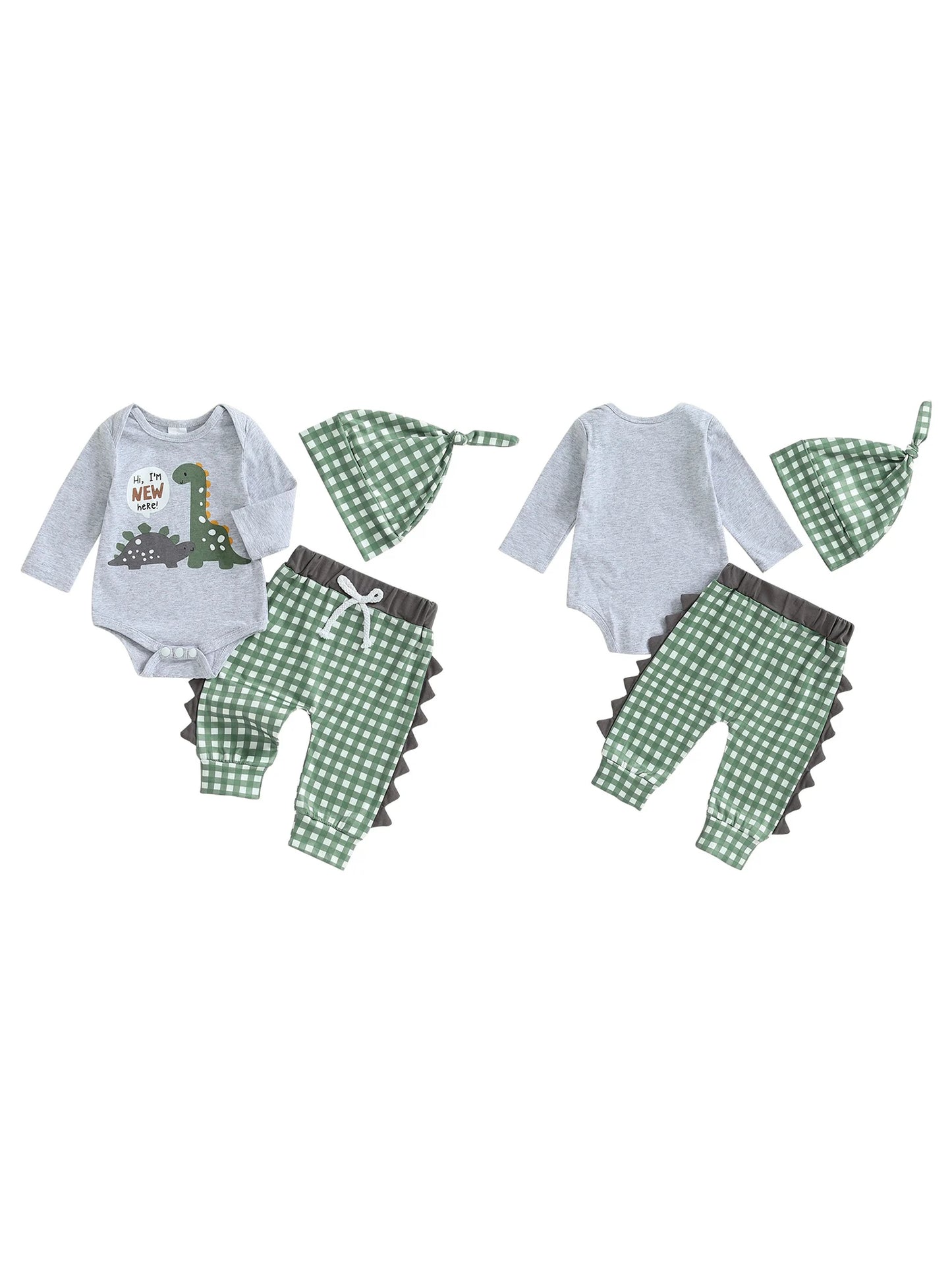Toddler Boy Birthday Outfit – Dinosaur Print Romper and Denim Overalls 2-Piece Summer Set with Matching Hat