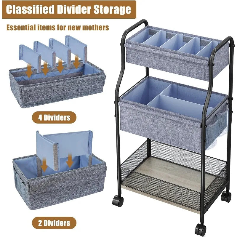 3-Tier Baby Diaper Caddy Organizer – Mobile Nursery Storage Cart with 4+2 Dividers and Rolling Wheels