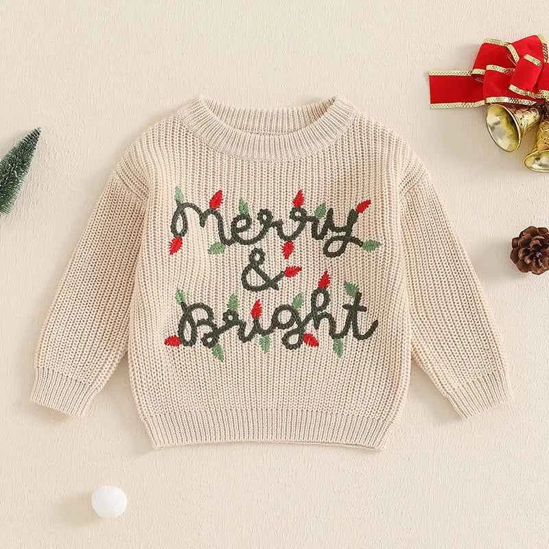 Cute Baby Christmas Knit Sweater -  Embroidered Letter Long Sleeve Pullover