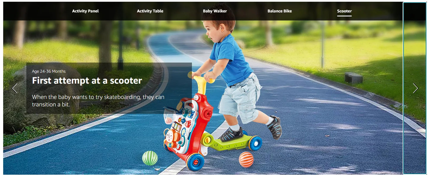 5-in-1 Baby Walker – Sit-to-Stand Learning Walker, Scooter, Balance Bike & Activity Table with Music