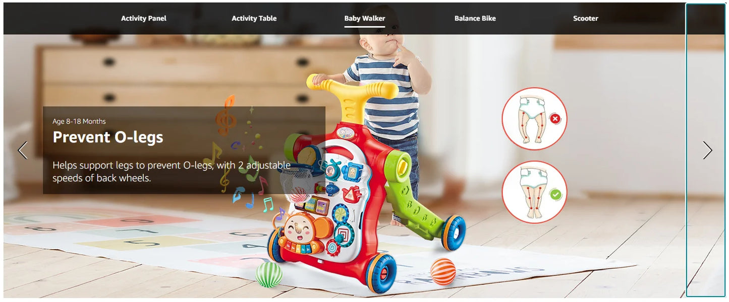 5-in-1 Baby Walker – Sit-to-Stand Learning Walker, Scooter, Balance Bike & Activity Table with Music