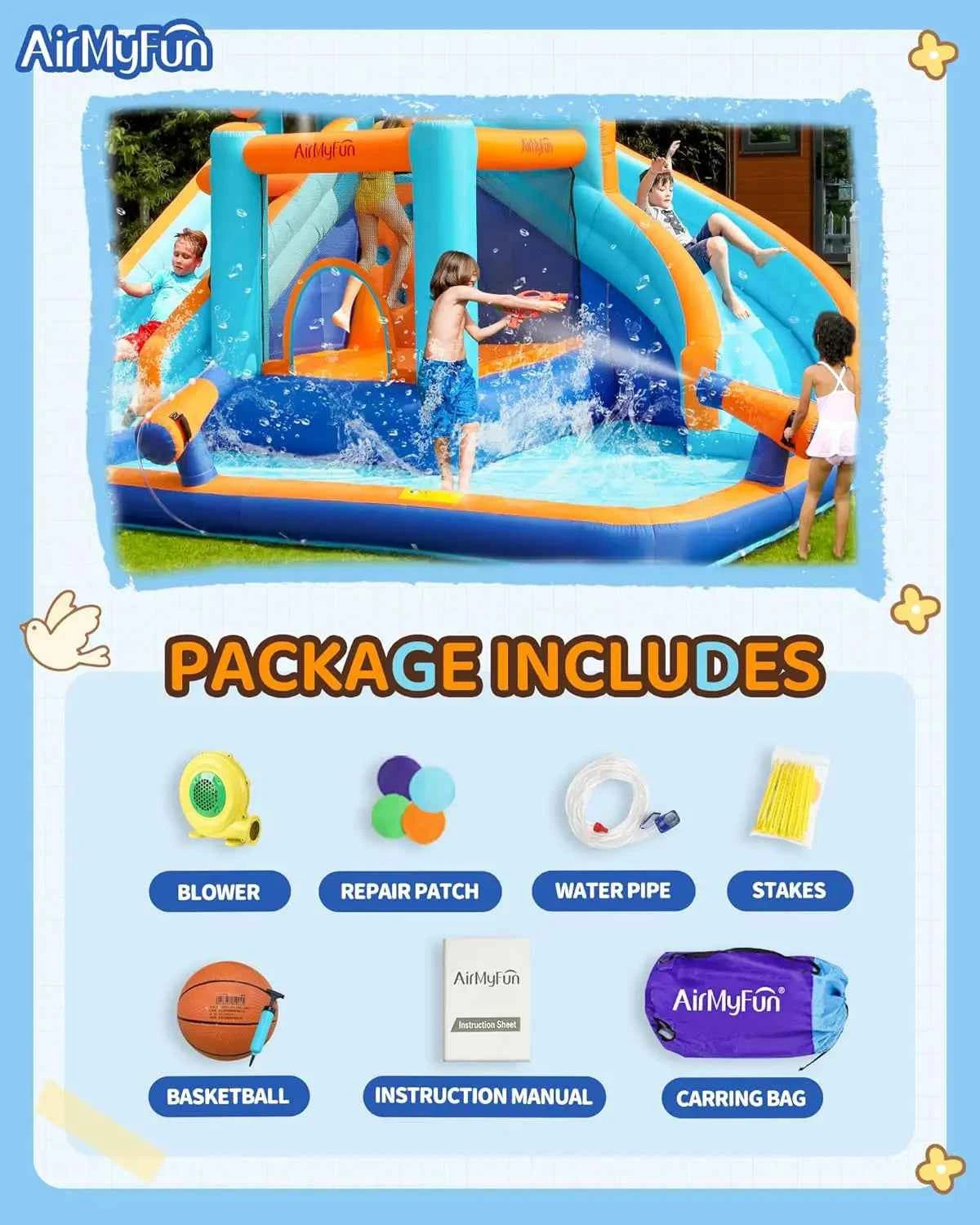 Inflatable Water Slide Bounce House with Dual Slides and Large Splash Pool for Kids and Adults