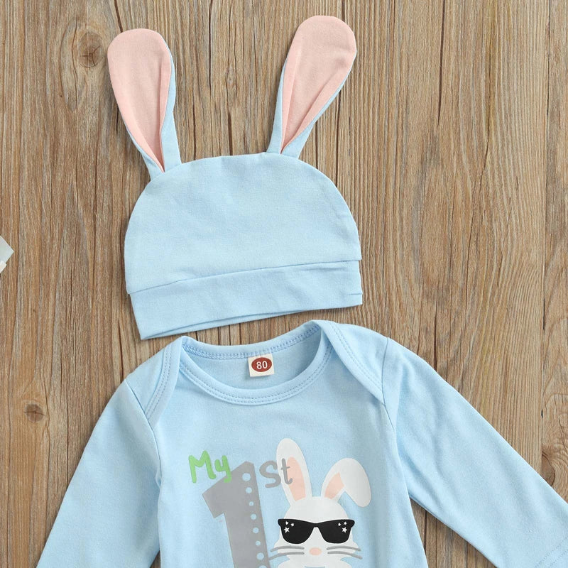 Infant Baby Outfit 3-Piece Set – Bunny Print Bodysuit with Striped Bottoms, Bunny Ear Beanie for My 1st Easter