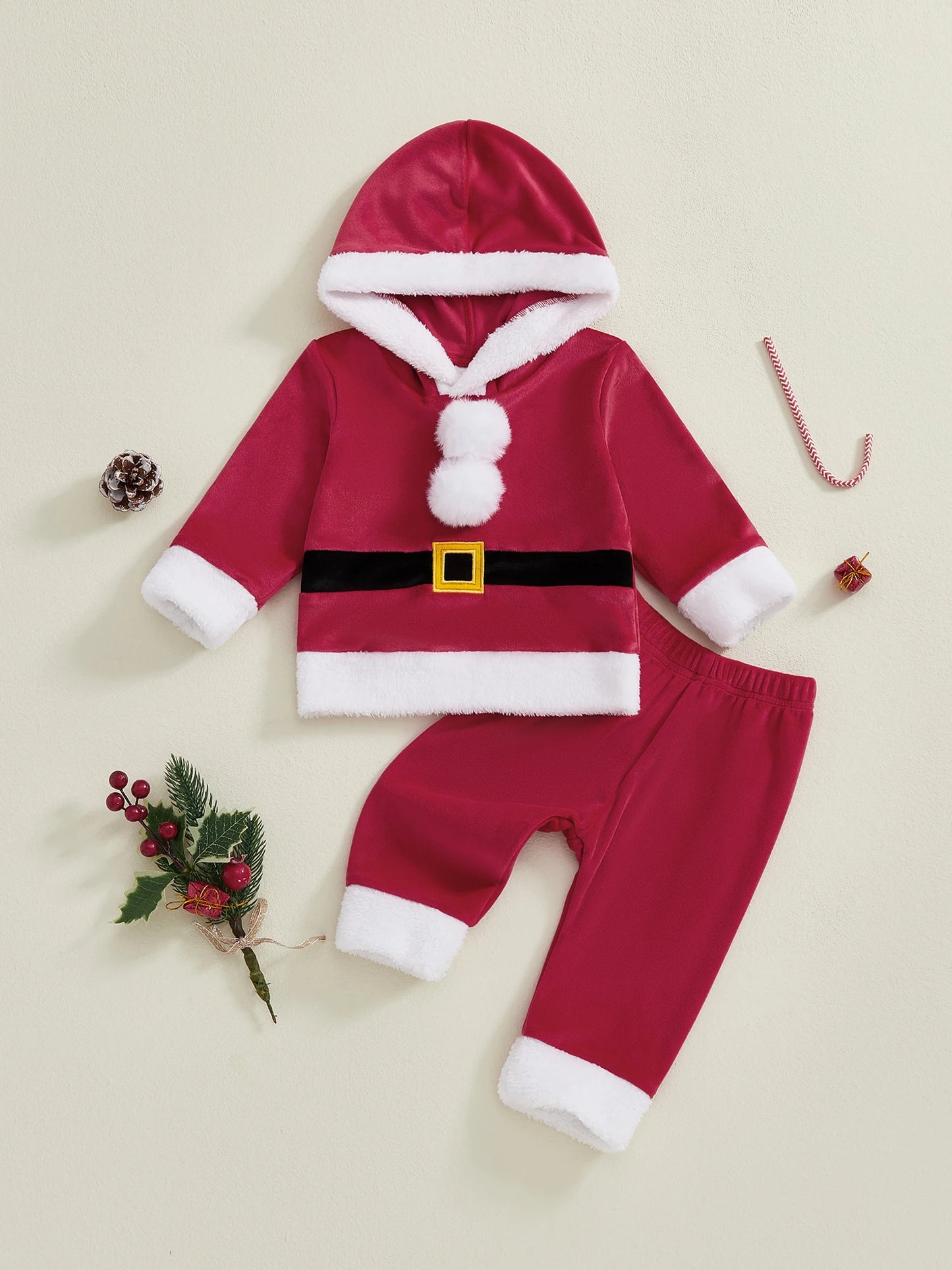 Baby Santa Claus Outfit – Long Sleeve Hooded Sweatshirt with Pants Christmas Costume Set
