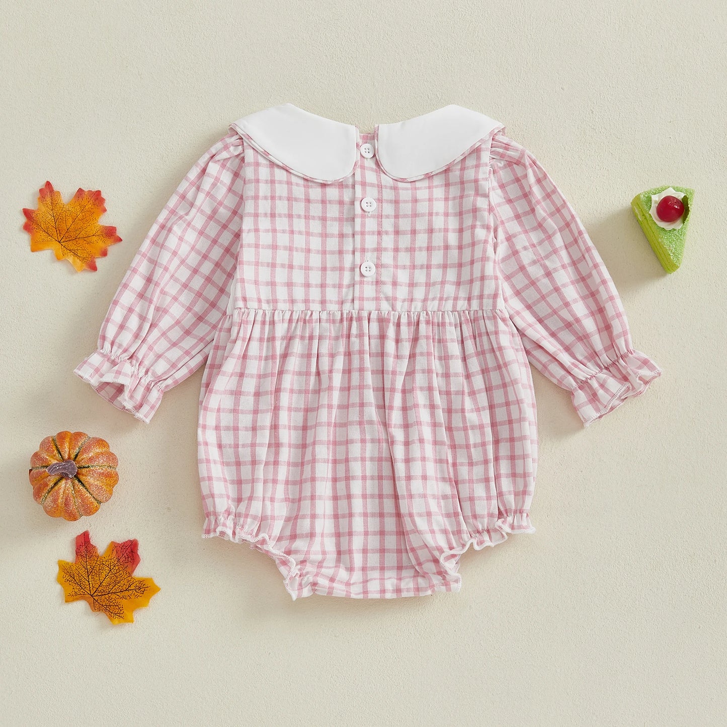 Baby Girl Thanksgiving Romper – Long Sleeve Plaid Jumpsuit with Doll Collar & Turkey Embroidery