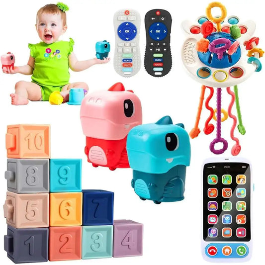 Montessori Baby Toys for 6–36 Months – Pull String Teether, Sensory Shapes, Play Phone & Remote