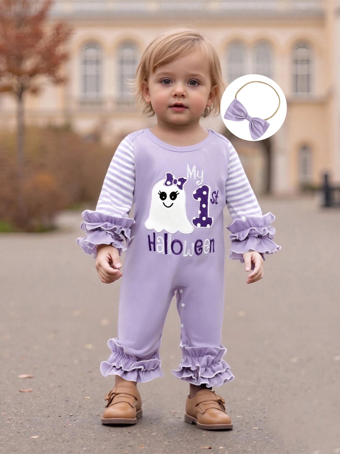 Toddler Baby Girl Halloween Outfit – Pumpkin Ghost Embroidery Romper with Headband
