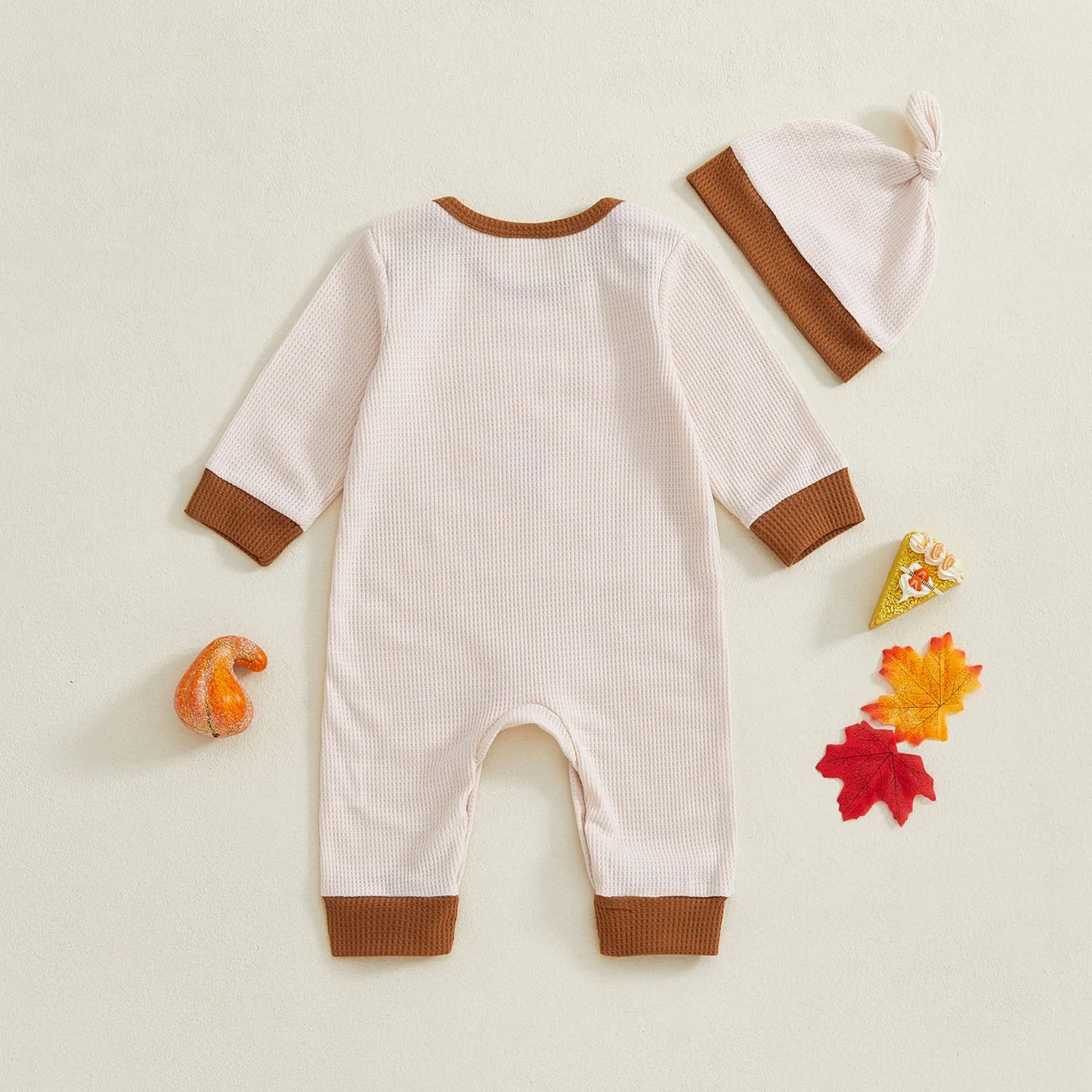 Thanksgiving Jumpsuit – Long Sleeve Round Neck Romper with Turkey Embroidery and Hat