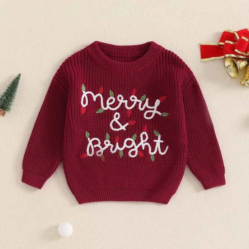 Cute Baby Christmas Knit Sweater -  Embroidered Letter Long Sleeve Pullover