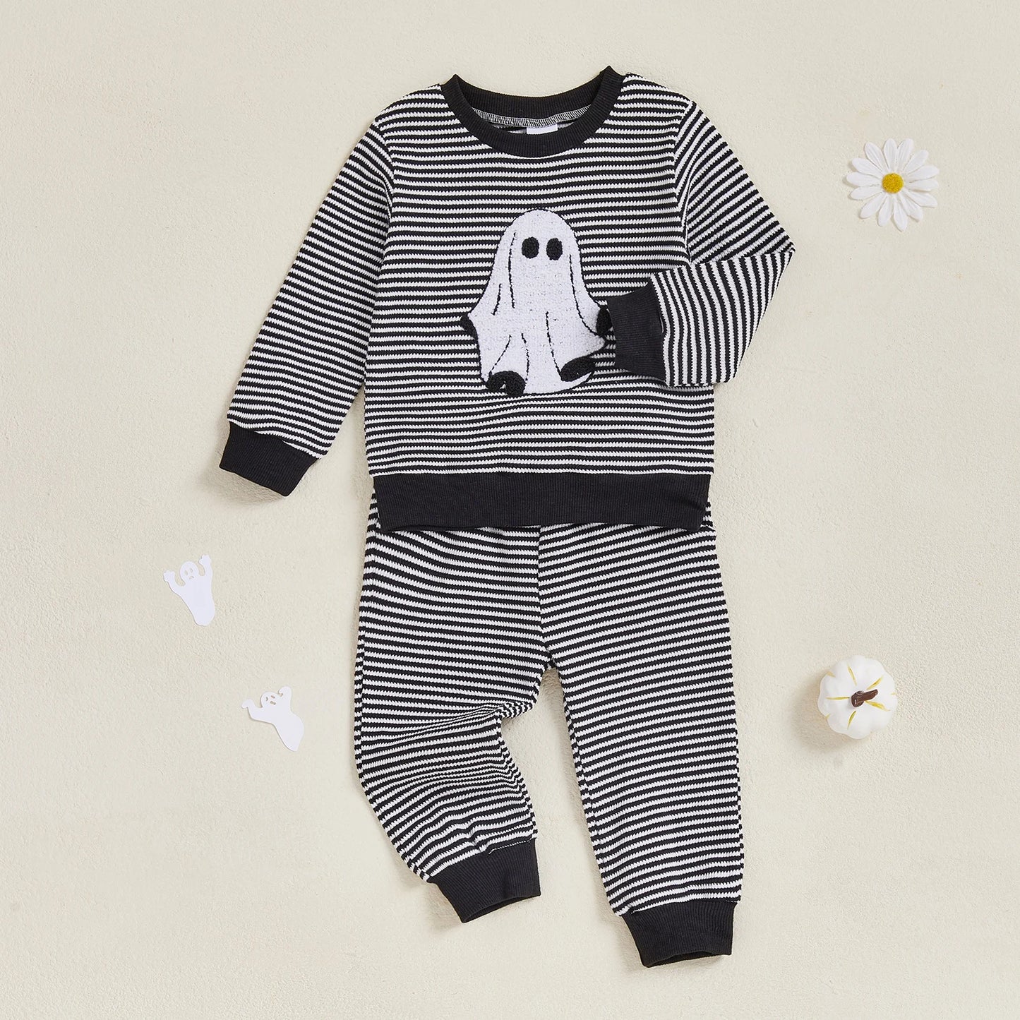 Toddler Baby Halloween Outfit – Ghost Embroidery Striped Sweatshirt + Elastic Pants 2-Piece Set