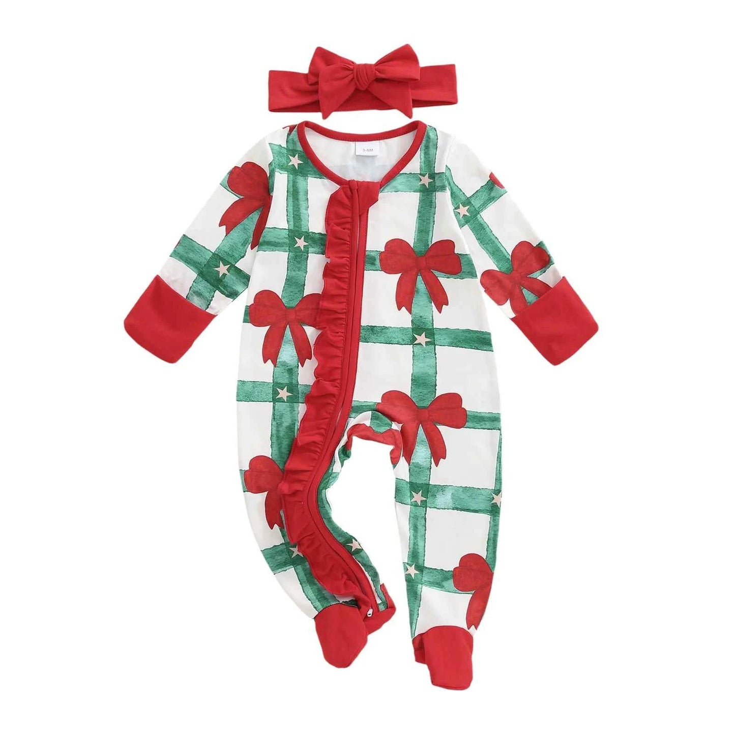 Newborn Baby Girl Christmas Romper – Bow Print Long Sleeve Zip-Up Footed Jumpsuit with Headband