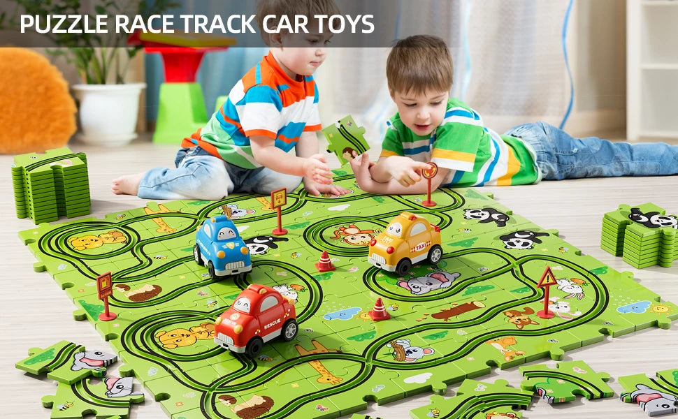 Jigsaw Puzzle Race Track Car Set – Puzzle & Car Toys for Kids Ages 3-5