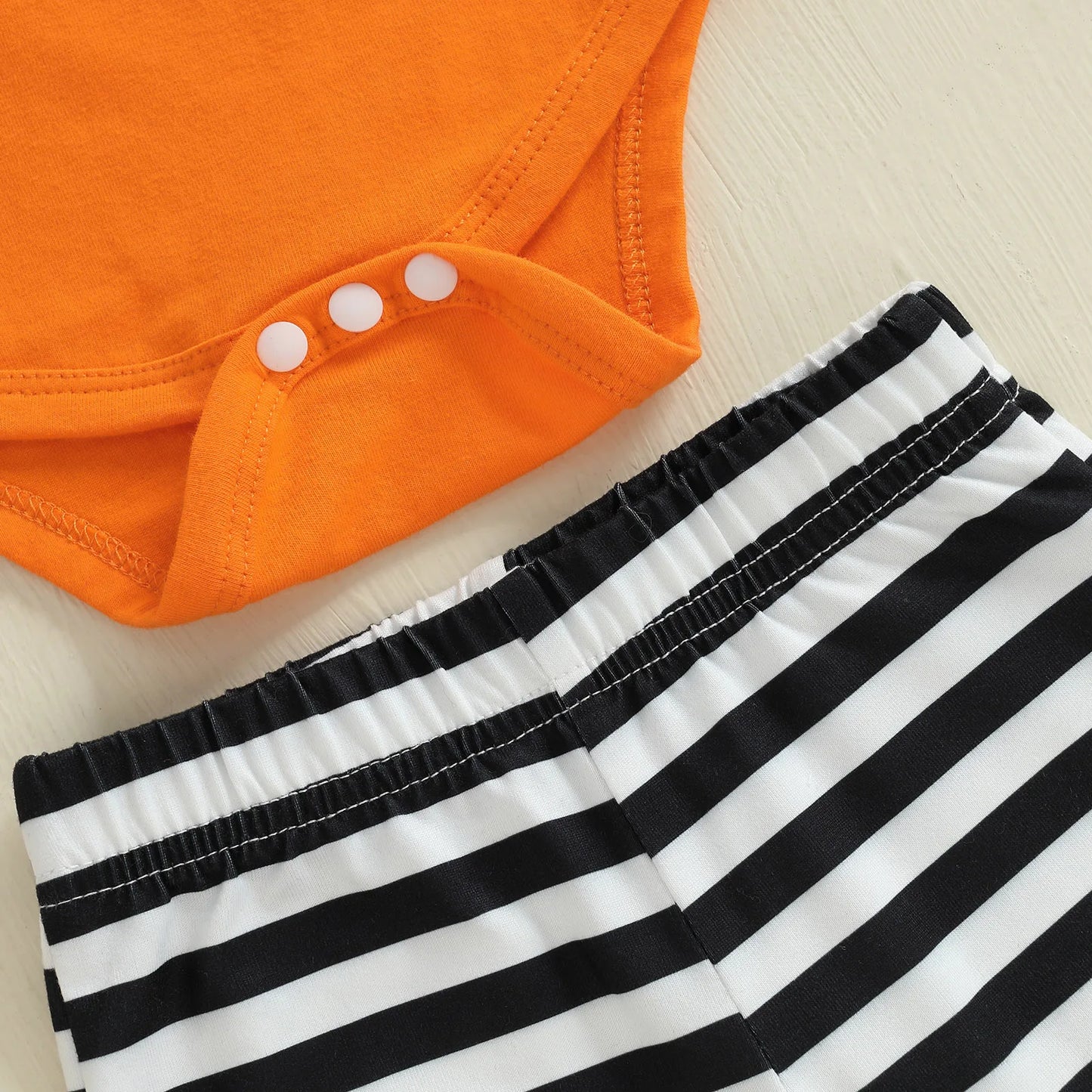 Baby Girl Halloween Outfit – Pumpkin Face Long Sleeve Romper + Striped Bell Bottom Pants 2-Piece Set