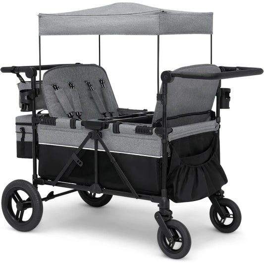 Deluxe 4-Seater Stroller Wagon for Kids – Grey, Foldable with Adjustable Push/Pull Handles & Removable Canopy