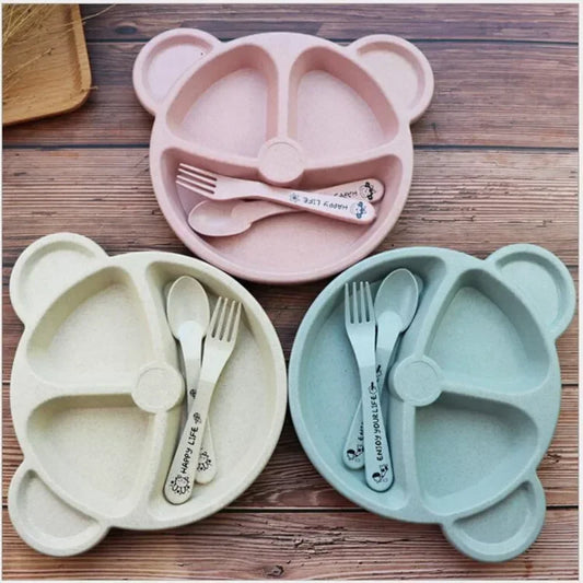 Children’s Cartoon Bear Dinner Set – Wheat Straw Plate, Spoon & Fork (3PCS Baby Tableware) - Haven's Heaven Boutique