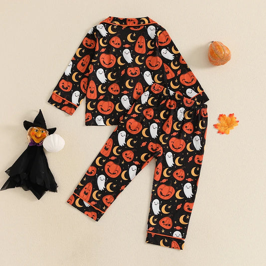 Kids Halloween Pajama Set – Pumpkin Ghost Print Button-Up Top and Pants (1–5T)