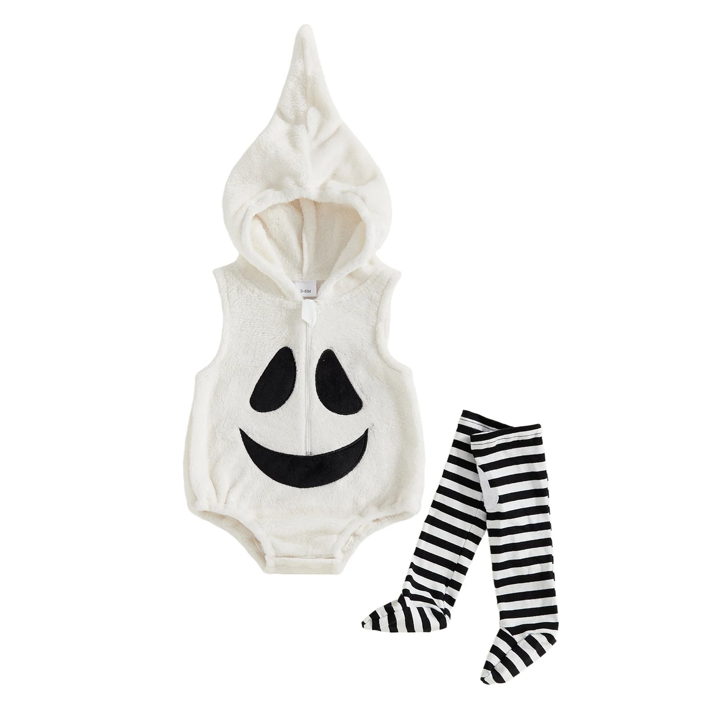 Toddler Halloween Costume – Hooded Ghost Romper with Striped Stockings Outfit
