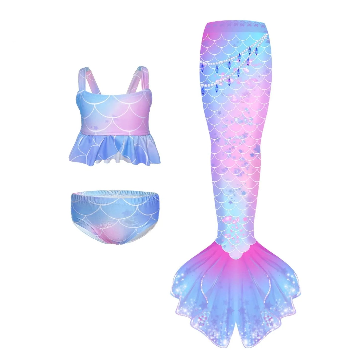 Girls Mermaid Swimsuit with Tail – 3-Piece Bikini Costume for Pool Parties & Dress-Up