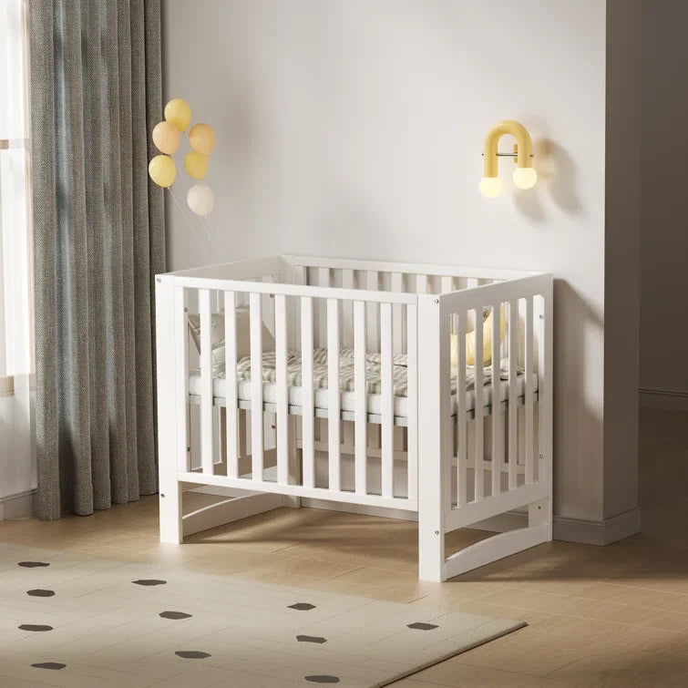 EvoNest 6-in-1 Portable Mini Crib with Mattress – White New Zealand Pinewood, 4 Height Adjustable